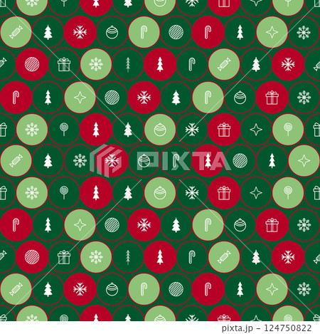 Seamless Gift wrapping paper pattern christmas elements in circle shape on green background Seamless Gift wrapping paper pattern christmas elements in circle shape on green background 124750822