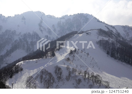 スキー場 頂上付近のリフト降り場から続く緩斜面のスロープ スキー場 頂上付近のリフト降り場から続く緩斜面のスロープ 124751240