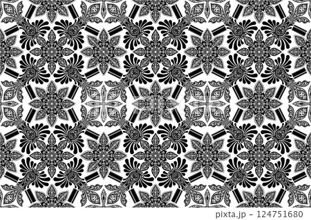花柄のパターン 線画 ダマスク柄 124751680