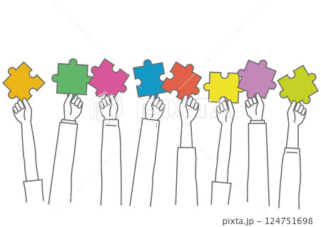 カラフルなジグソーパズルを持つメンバーの手のベクターイラスト カラフルなジグソーパズルを持つメンバーの手のベクターイラスト 124751698