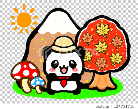 秋天熊貓爬山的塗鴉風格插圖 124751716