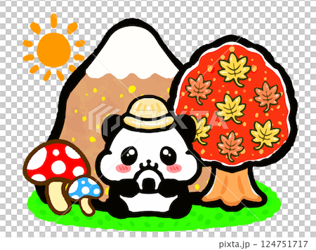 秋天熊貓爬山的塗鴉風格插圖 2 124751717