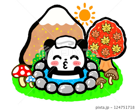秋の露天風呂に入るパンダの落書き風イラスト素材 124751718