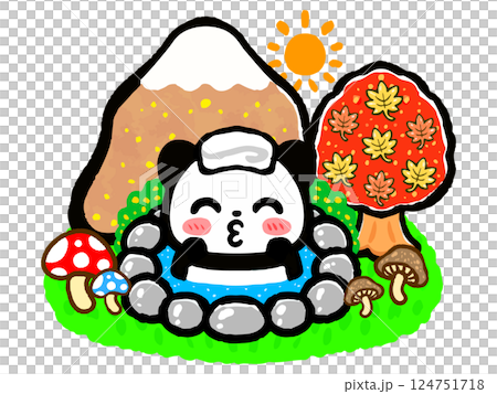 秋の露天風呂に入るパンダの落書き風イラスト素材 124751718