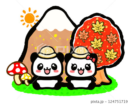 山登りする秋のパンダカップルの落書き風イラスト素材 124751719