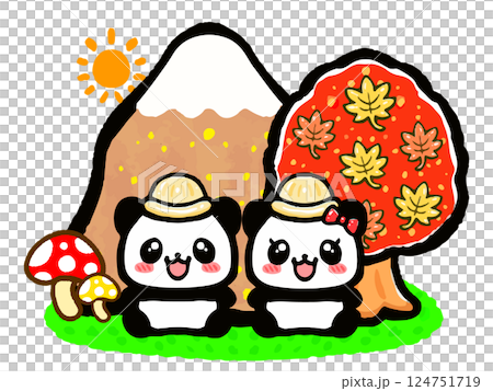 秋天裡一對熊貓夫婦爬山的塗鴉風格插圖 124751719