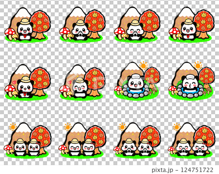 秋季熊貓爬山的塗鴉風格插畫素材集 124751722