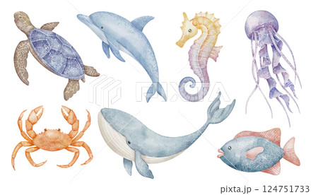 Watercolor illustration with underwater Animals including Turtle, Whale, Dolphin, Jellyfish, and Crabs. Drawing of marine creatures for Baby shower greeting cards or childish party invitations. 124751733