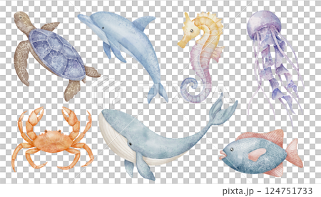 Watercolor illustration with underwater Animals including Turtle, Whale, Dolphin, Jellyfish, and Crabs. Drawing of marine creatures for Baby shower greeting cards or childish party invitations. 124751733