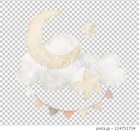 Watercolor illustration of a Crescent Moon, Cloud and stars with a garland. Hand-drawn celestial design for nursery posters, baby shower invitations or childish greeting cards in pastel colors. Watercolor illustration of a Crescent Moon, Cloud and stars with a garland. Hand-drawn celestial design for nursery posters, baby shower invitations or childish greeting cards in pastel colors. 124751734