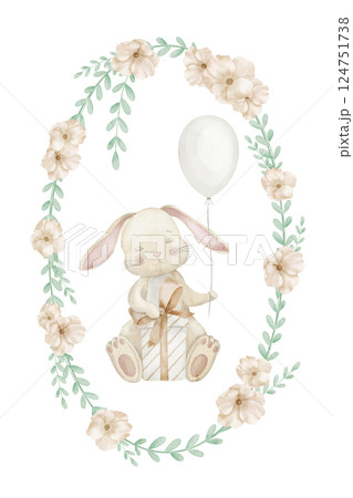 Watercolor illustration of a Bunny sitting with a balloon and gift inside a floral wreath. Hand-drawn Rabbit design for Baby shower cards, birthday invitations, and nursery poster in pastel colors. Watercolor illustration of a Bunny sitting with a balloon and gift inside a floral wreath. Hand-drawn Rabbit design for Baby shower cards, birthday invitations, and nursery poster in pastel colors. 124751738