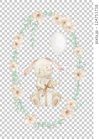Watercolor illustration of a Bunny sitting with a balloon and gift inside a floral wreath. Hand-drawn Rabbit design for Baby shower cards, birthday invitations, and nursery poster in pastel colors. Watercolor illustration of a Bunny sitting with a balloon and gift inside a floral wreath. Hand-drawn Rabbit design for Baby shower cards, birthday invitations, and nursery poster in pastel colors. 124751738