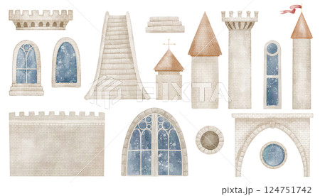 Illustration of watercolor Castle elements including towers, walls, windows, and turrets. Drawing of fairy tail fortress or palace for creating medieval design and fantasy worlds. Art in pastel colors Illustration of watercolor Castle elements including towers, walls, windows, and turrets. Drawing of fairy tail fortress or palace for creating medieval design and fantasy worlds. Art in pastel colors 124751742