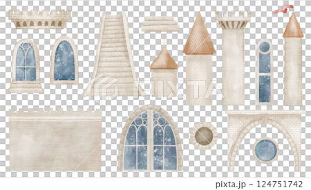 Illustration of watercolor Castle elements including towers, walls, windows, and turrets. Drawing of fairy tail fortress or palace for creating medieval design and fantasy worlds. Art in pastel colors Illustration of watercolor Castle elements including towers, walls, windows, and turrets. Drawing of fairy tail fortress or palace for creating medieval design and fantasy worlds. Art in pastel colors 124751742