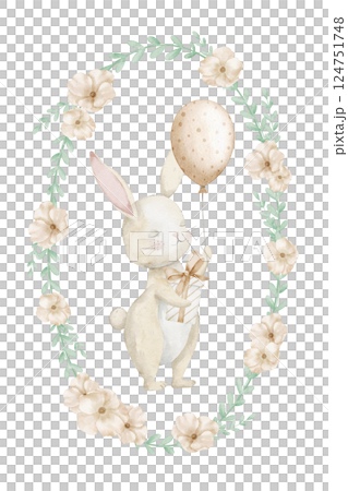 Watercolor illustration of a standing Bunny holding a gift and balloon inside a floral wreath. Hand-drawn Rabbit design for baby shower greeting cards, birthday invitations, and nursery posters. 124751748
