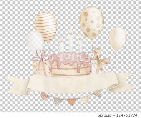 Watercolor illustration of a Birthday cake with balloons, gifts, and a ribbon banner. Hand-drawn festive design for party greeting cards or baby shower invitations in pastel colors. Space for text. Watercolor illustration of a Birthday cake with balloons, gifts, and a ribbon banner. Hand-drawn festive design for party greeting cards or baby shower invitations in pastel colors. Space for text. 124751774