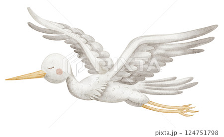 Watercolor illustration of a flying Stork with spread wings and a long beak. Hand-drawn Bird design symbolizing newborn delivery for Baby shower invitations or childish greeting cards in pastel colors 124751798