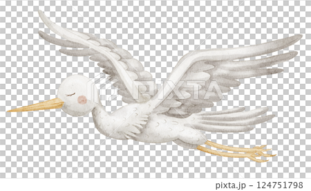 Watercolor illustration of a flying Stork with spread wings and a long beak. Hand-drawn Bird design symbolizing newborn delivery for Baby shower invitations or childish greeting cards in pastel colors 124751798