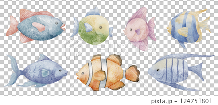 Illustration of watercolor Fish illustrations in various colors and shapes. Drawing of underwater animals for nursery wall art or childish invitations and greeting cards. Ocean creatures for baby. 124751801
