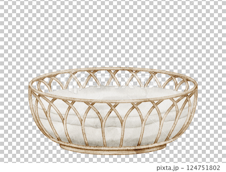 Watercolor illustration of a woven Baby Cradle with a soft cushion. Drawing of cozy Basket for infant in pastel colors. Art of Bassinet for nursery posters or newborn party invitations. Watercolor illustration of a woven Baby Cradle with a soft cushion. Drawing of cozy Basket for infant in pastel colors. Art of Bassinet for nursery posters or newborn party invitations. 124751802