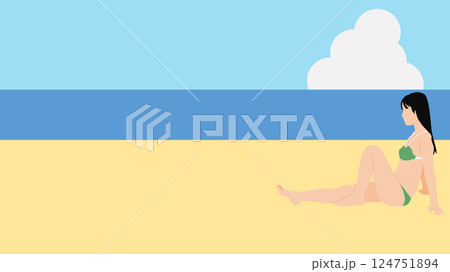 浜辺で夏休みを満喫する女性のイラスト(海水浴) 124751894
