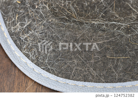 A close-up shows dog hair and dust clinging to the surface of the sofa. A close-up shows dog hair and dust clinging to the surface of the sofa. 124752382