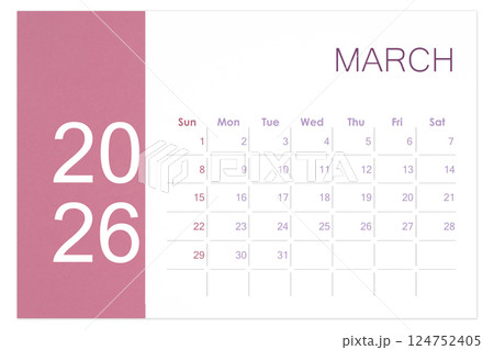 March 2026 Blank calendar page isolated on white background. 124752405