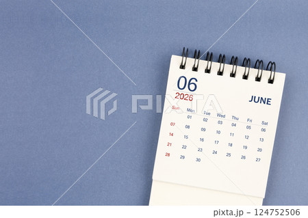 June 2026 Mini monthly desk calendar for 2026 year on blue color background. June 2026 Mini monthly desk calendar for 2026 year on blue color background. 124752506