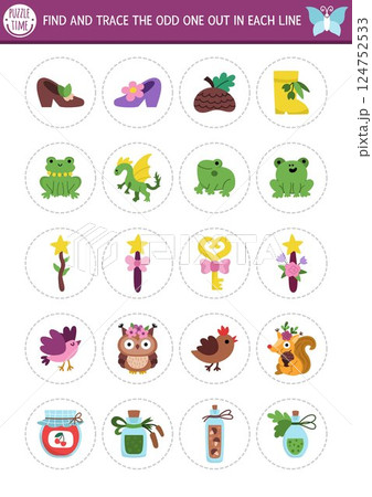 Find the odd one out. Fairyland logical activity for kids. Magic forest educational quiz worksheet for attention skills. Printable game with cute fairy attributes, fantasy animals, fairytale objects Find the odd one out. Fairyland logical activity for kids. Magic forest educational quiz worksheet for attention skills. Printable game with cute fairy attributes, fantasy animals, fairytale objects 124752533