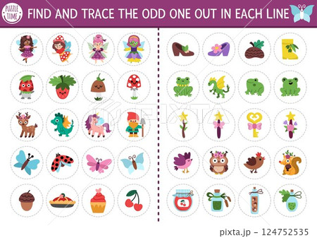 Find the odd one out. Fairyland logical activity for kids. Magic forest educational quiz worksheet for attention skills. Printable game with cute fairy attributes, fantasy animals, fairytale objects Find the odd one out. Fairyland logical activity for kids. Magic forest educational quiz worksheet for attention skills. Printable game with cute fairy attributes, fantasy animals, fairytale objects 124752535