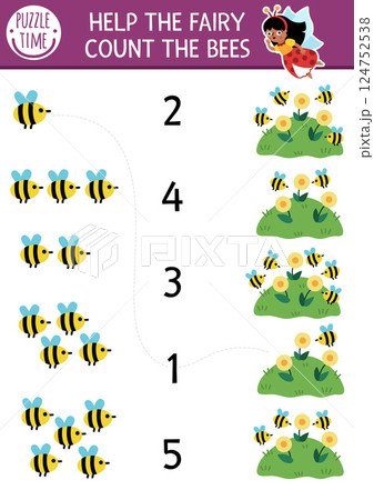 Match the numbers fairyland game with bees and flowers. Woodland fairy bug math activity for preschool kids. Fairytale educational counting worksheet with cute insects 124752538