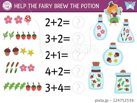 Match the numbers fairyland game with fairy brewing potion. Woodland princess math activity for preschool kids. Fairytale educational counting, matching worksheet with acorn, berry, flower 124752539
