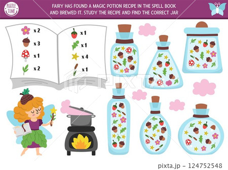 Fairyland matching game with acorn fairy, potion recipe and spell books. Math and searching magic land activity for preschool kids. Educational printable counting worksheet with cute fairytale chef 124752548