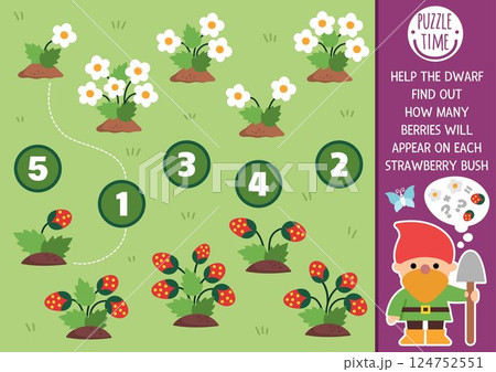 Match the numbers fairyland game with dwarf counting flowers and strawberries. Woodland fairy garden math activity for preschool kids. Fairytale educational counting worksheet 124752551