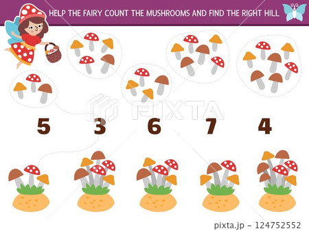 Match the numbers fairyland game with fairy gathering mushrooms. Woodland princess math activity for preschool kids. Fairytale educational counting worksheet with toadstools and fly agarics Match the numbers fairyland game with fairy gathering mushrooms. Woodland princess math activity for preschool kids. Fairytale educational counting worksheet with toadstools and fly agarics 124752552