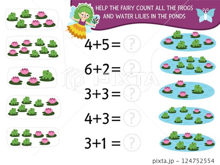 Math and counting game with cute girl. Help the swamp fairy count frogs and water lilies in pond. Fairyland addition and matching activity. Fantasy fairytale printable worksheet for kids Math and counting game with cute girl. Help the swamp fairy count frogs and water lilies in pond. Fairyland addition and matching activity. Fantasy fairytale printable worksheet for kids 124752554