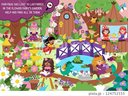 Fairyland vector searching game with enchanted garden landscape. Spot hidden ladybugs. Simple magic fairytale seek and find printable activity for kids with fairy bug looking for ladybirds Fairyland vector searching game with enchanted garden landscape. Spot hidden ladybugs. Simple magic fairytale seek and find printable activity for kids with fairy bug looking for ladybirds 124752555