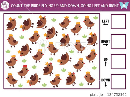 Fairyland, forest nature logic game with right, left, up, down concept for kids. I spy searching, counting activity with cute brown bird. Printable space orientation worksheet or puzzle for children Fairyland, forest nature logic game with right, left, up, down concept for kids. I spy searching, counting activity with cute brown bird. Printable space orientation worksheet or puzzle for children 124752562