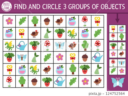 Fairyland seek and find game with woodland symbols. Attention skills training puzzle with berry, flower, dragon. Forest fairy printable activity for kids. Magic garden searching puzzle. Find groups of 124752564