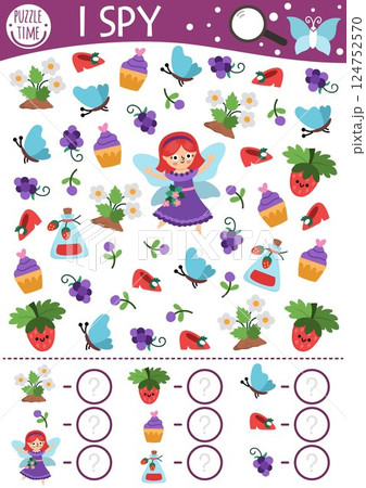 Fairyland I spy game for kids. Searching and counting activity with berry fairy, strawberry, shoe, cupcake. Fairytale printable worksheet. Simple fantasy spotting puzzle with little girl Fairyland I spy game for kids. Searching and counting activity with berry fairy, strawberry, shoe, cupcake. Fairytale printable worksheet. Simple fantasy spotting puzzle with little girl 124752570