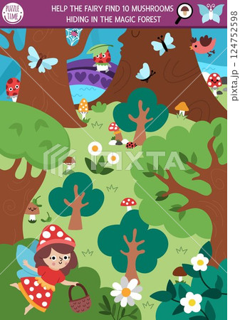 Vector fairyland searching game with enchanted forest landscape, fairy, basket. Spot hidden mushrooms in picture. Simple magic fairytale seek and find educational printable activity for kids 124752598