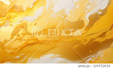 Abstract yellow and white marbled fluid art texture with swirling paint pattern in bright golden tones for modern backgrounds 124752610