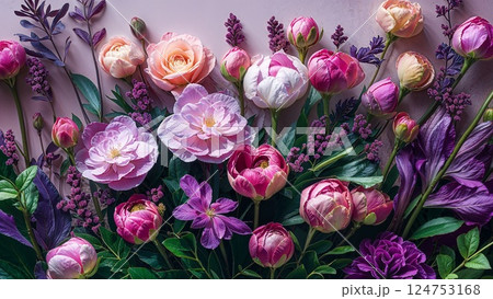 A vibrant arrangement of spring flowers featuring pink and purple blooms, lush green leaves, and a rich texture that captures the essence of nature's beauty. 124753168