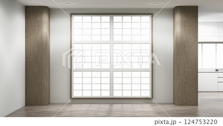Scene Empty room with white wall with wood wall design. 3d rendering Scene Empty room with white wall with wood wall design. 3d rendering 124753220
