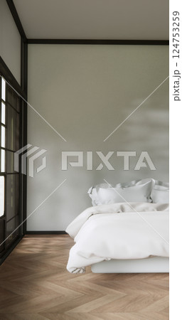 Bedroom japanese minimal style.,Modern white wall and wooden floor, room minimalist. 3D rendering 124753259