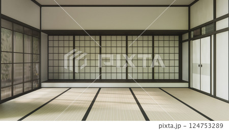 Nihon room design interior with door paper and cabinet shelf wall on tatami mat floor room japanese style. 3D rendering 124753289