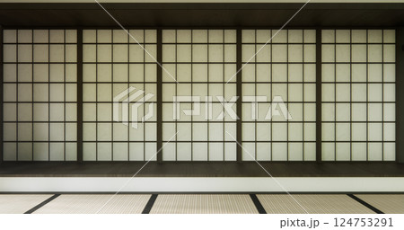 Nihon room design interior with door paper and cabinet shelf wall on tatami mat floor room japanese style. 3D rendering 124753291