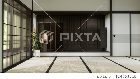 ryokan Room empty zen very japanese style with tatami mat floor.3D rendering ryokan Room empty zen very japanese style with tatami mat floor.3D rendering 124753319
