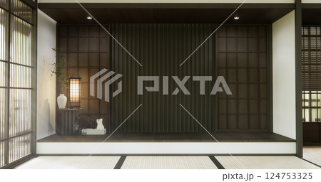 Nihon room design interior with door paper and cabinet shelf wall on tatami mat floor room japanese style. 3D rendering Nihon room design interior with door paper and cabinet shelf wall on tatami mat floor room japanese style. 3D rendering 124753325