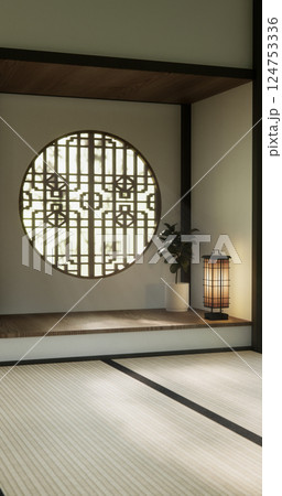 Nihon room design interior with door paper and cabinet shelf wall on tatami mat floor room japanese style. 3D rendering Nihon room design interior with door paper and cabinet shelf wall on tatami mat floor room japanese style. 3D rendering 124753336